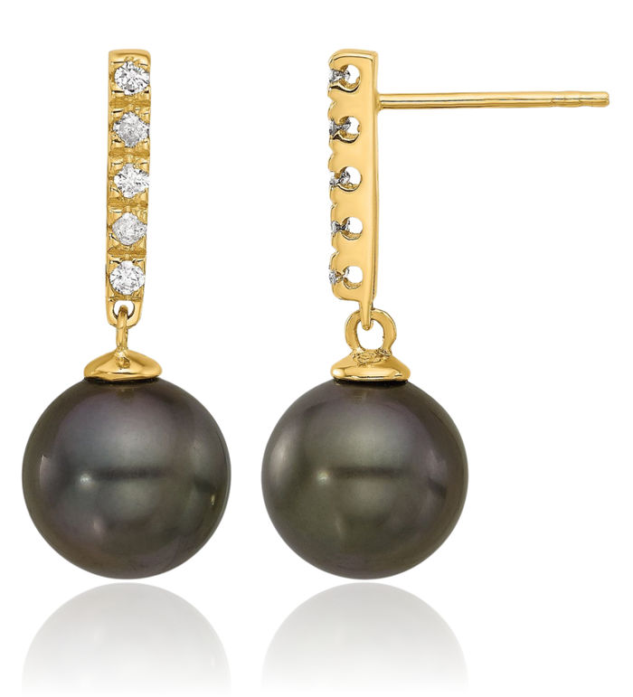 14K Solid Yellow Gold 9mm Black Round Tahitian Saltwater Cultured Pearl Diamond Post Line Bar Drop Dangle Earrings