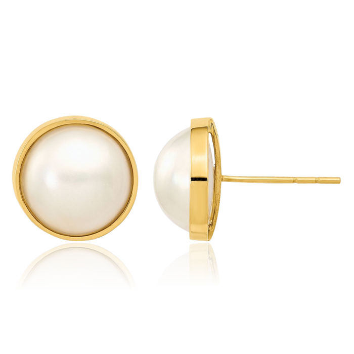 14K Solid Yellow Gold 9mm White Freshwater Cultured Mabe Pearl Stud Earrings