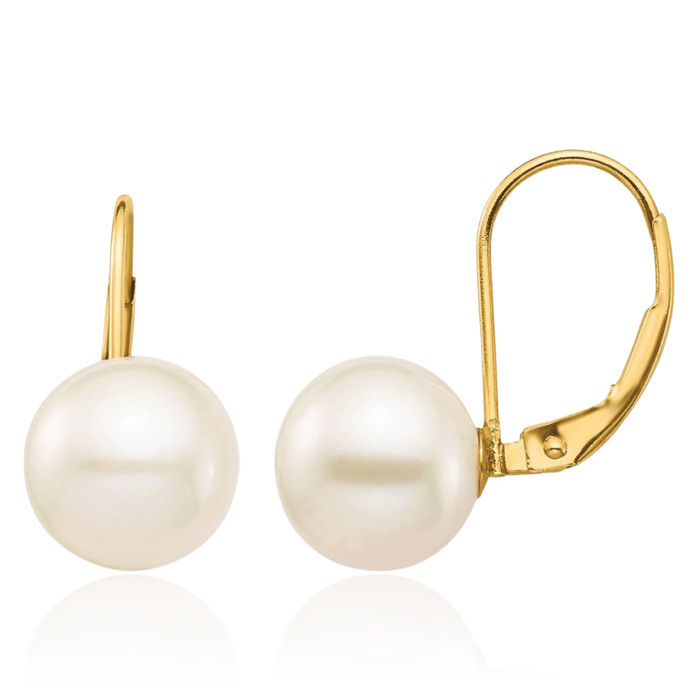 14K Solid Yellow Gold 9mm White Round Freshwater Cultured Pearl Drop Dangle Earrings Gemstone