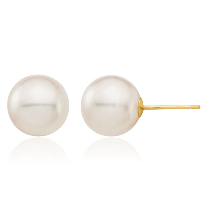 14K Solid Yellow Gold 9mm White Round Saltwater Akoya Cultured Pearl Stud Earrings