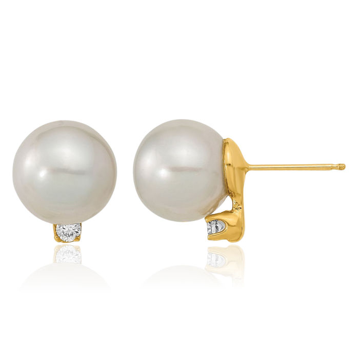 14K Solid Yellow Gold 9mm White Round South Sea Saltwater Cultured Pearl .10 Diamond Stud Earrings