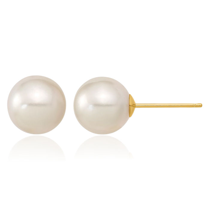 14K Solid Yellow Gold 9mm White Round South Sea Saltwater Cultured Pearl Stud Earrings