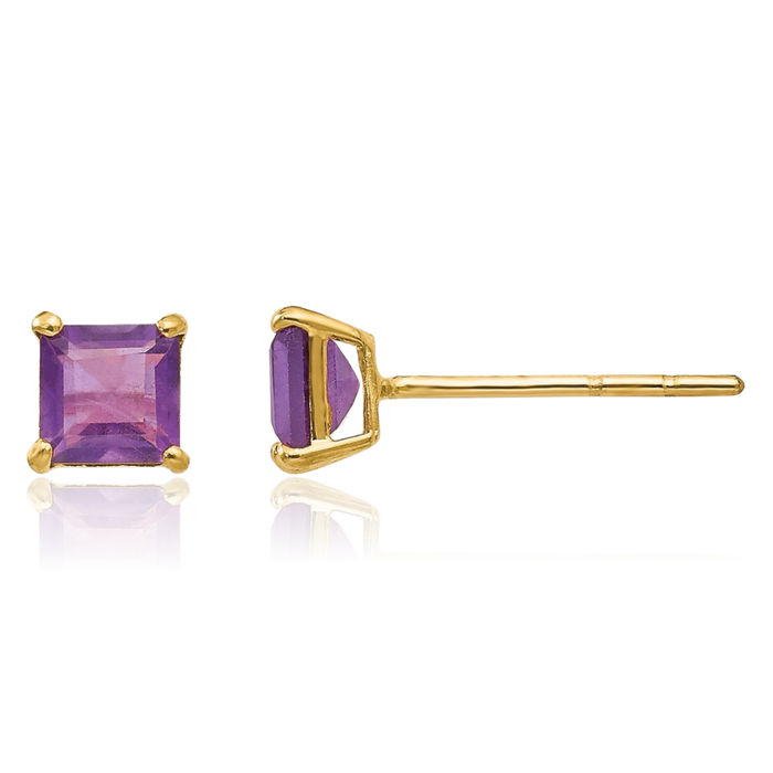 14K Solid Yellow Gold Purple Amethyst 4mm Square Studs Gemstone Earrings February Birthstone Jewelry