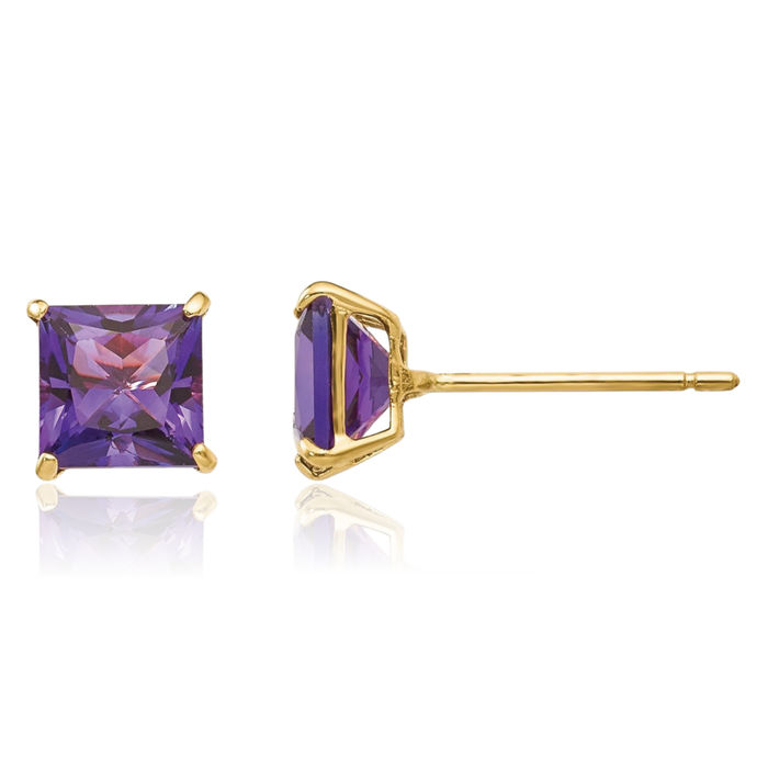 14K Solid Yellow Gold Purple Amethyst 5mm Square Studs Gemstone Earrings February Birthstone Jewelry