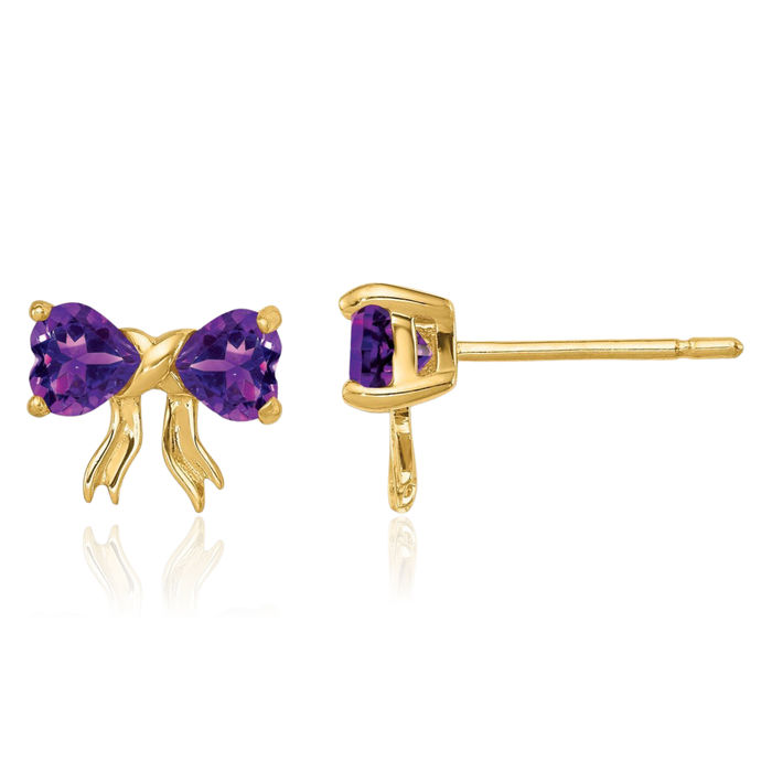 14K Solid Yellow Gold Purple Amethyst Bow Heart Stud Earrings February Birthstone Jewelry