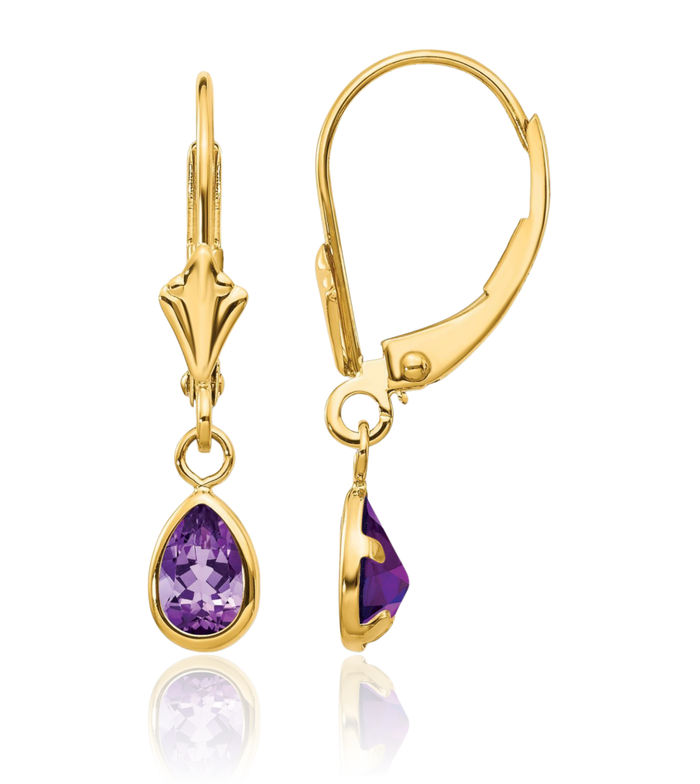 14K Solid Yellow Gold Purple Amethyst Drop Dangle Earrings Pear Teardrop Gemstone February Birthstone Jewelry