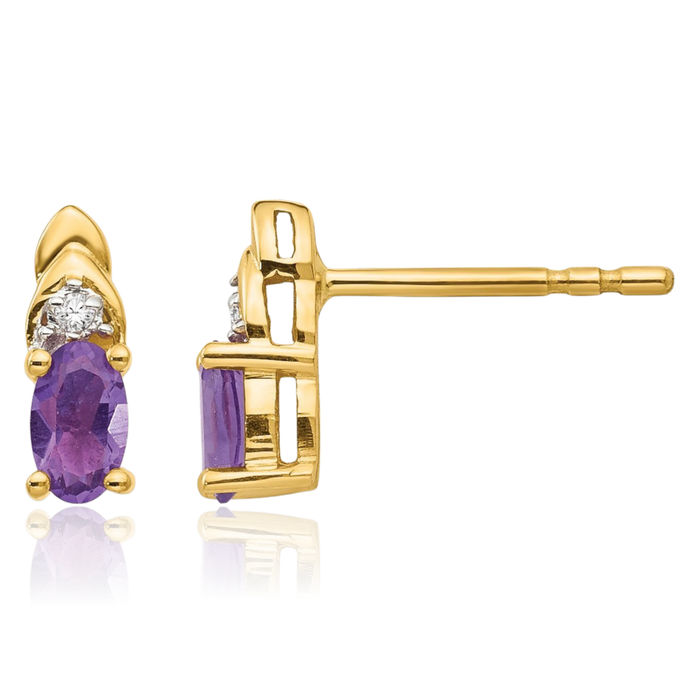 14K Solid Yellow Gold Purple Amethyst Diamond Drop Dangle Stud Earrings February Birthstone Jewelry