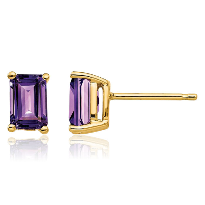 14K Solid Yellow Gold Purple Amethyst Studs Gemstone Solitaire Earrings February Birthstone Jewelry