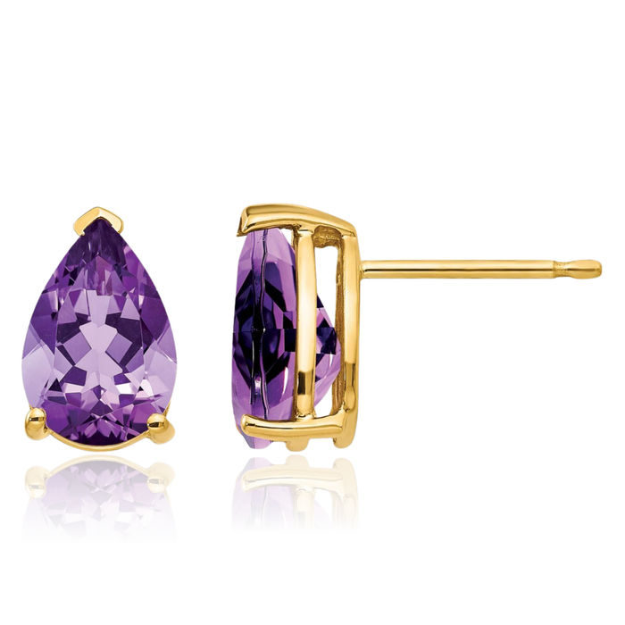 14K Solid Yellow Gold Purple Amethyst Studs Pear Teardrop Gemstone Solitaire Earrings February Birthstone Jewelry