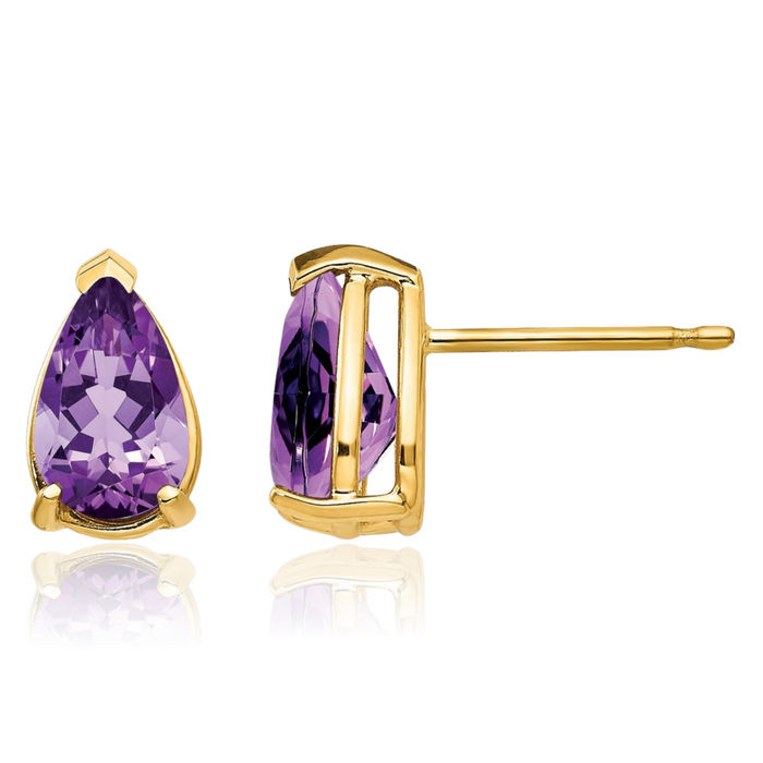 14K Solid Yellow Gold Purple Amethyst Studs Pear Teardrop Gemstone Solitaire Earrings February Birthstone Jewelry