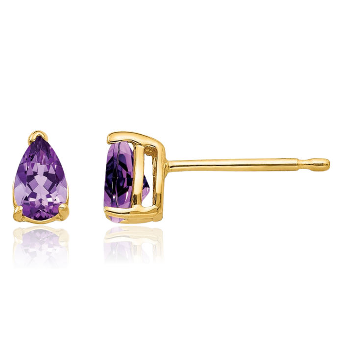 14K Solid Yellow Gold Purple Amethyst Studs Pear Teardrop Gemstone Solitaire Earrings February Birthstone Jewelry