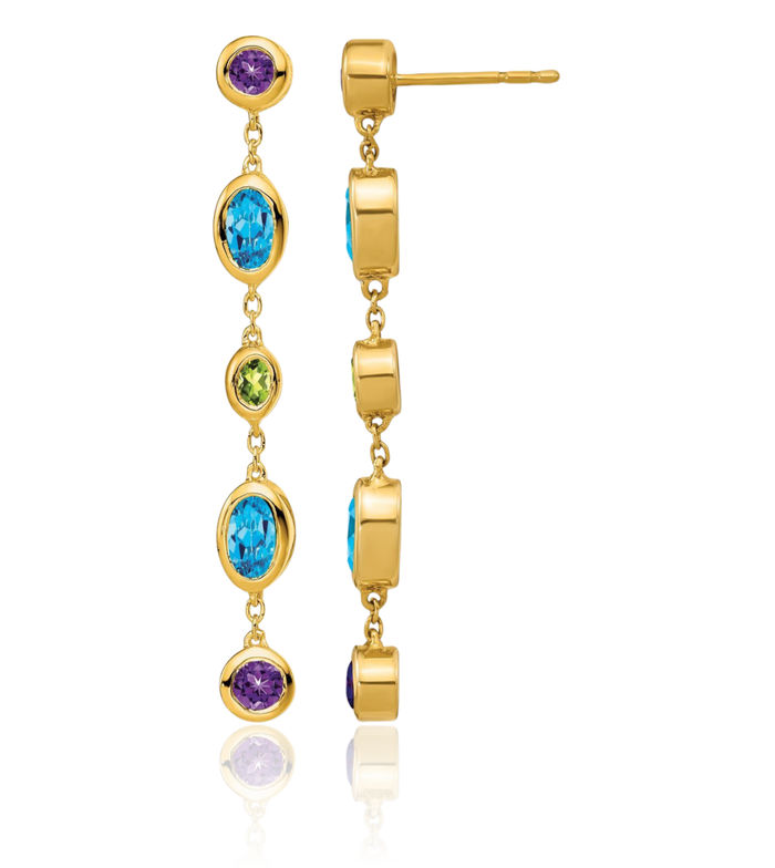 14K Solid Yellow Gold Purple Amethyst Swiss Blue Topaz Green Peridot Drop Dangle Earrings Gemstone Post Push Back