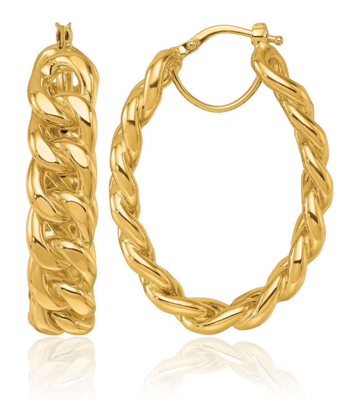 14K Solid Yellow Gold Anchor Mariner Chain Link Oval Large Hoop Earrings
