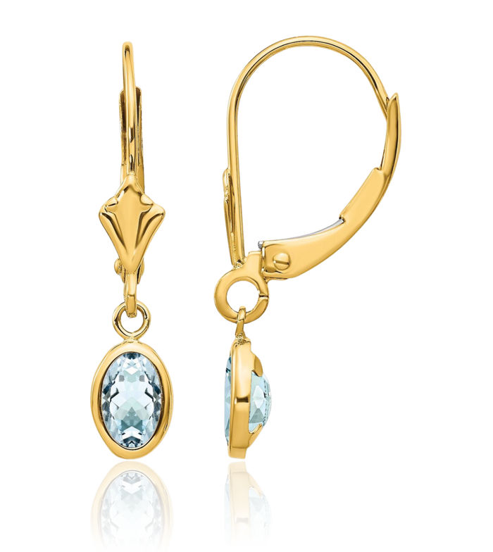 14K Solid Yellow Gold Blue Aquamarine Drop Dangle Earrings March Birthstone Jewelry