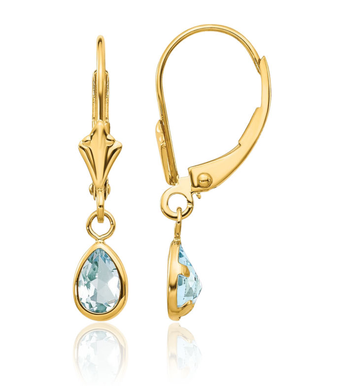 14K Solid Yellow Gold Blue Aquamarine Drop Dangle Earrings Pear Teardrop Gemstone March Birthstone Jewelry