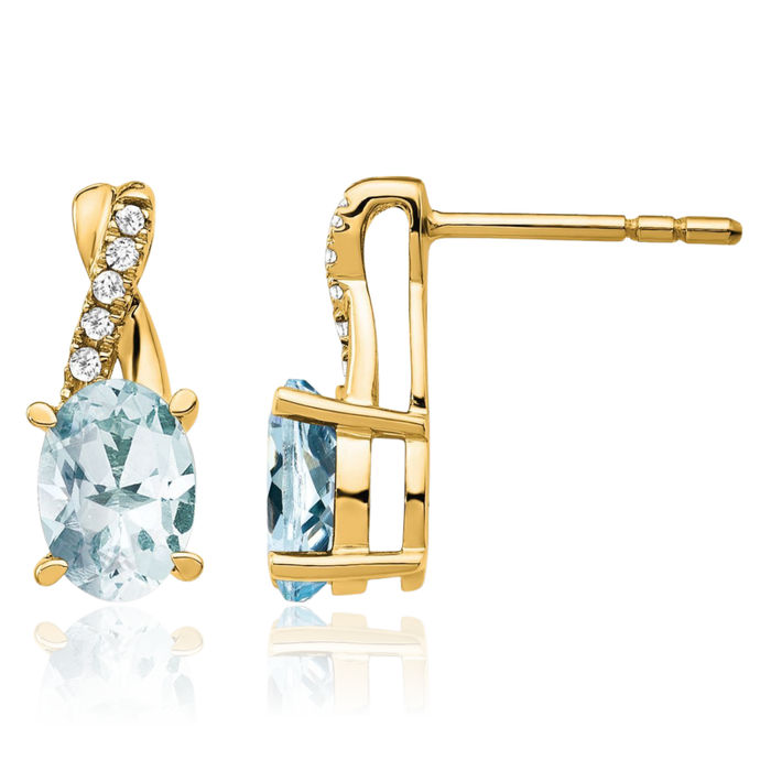 14K Solid Yellow Gold Blue Aquamarine Diamond Drop Dangle Earrings Gemstone Post Push Back March Birthstone Jewelry