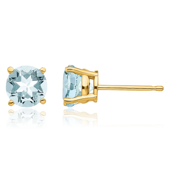 14K Solid Yellow Gold Blue Aquamarine Studs Gemstone Solitaire Earrings March Birthstone Jewelry