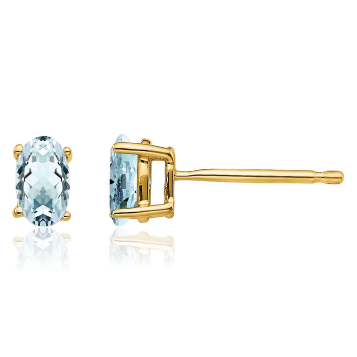 14K Solid Yellow Gold Blue Aquamarine Studs Gemstone Solitaire Earrings March Birthstone Jewelry