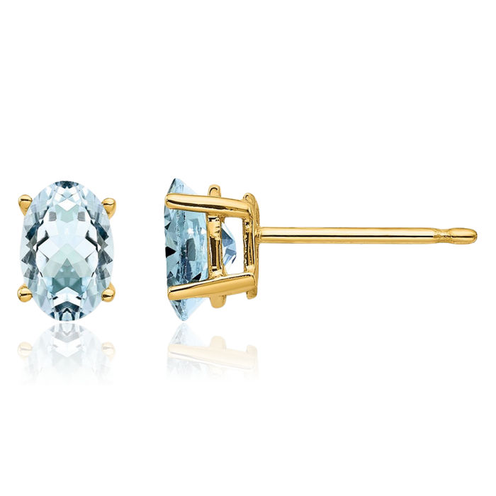 14K Solid Yellow Gold Blue Aquamarine Studs Gemstone Solitaire Earrings March Birthstone Jewelry