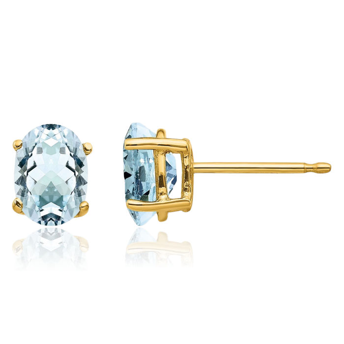 14K Solid Yellow Gold Blue Aquamarine Studs Gemstone Solitaire Earrings March Birthstone Jewelry