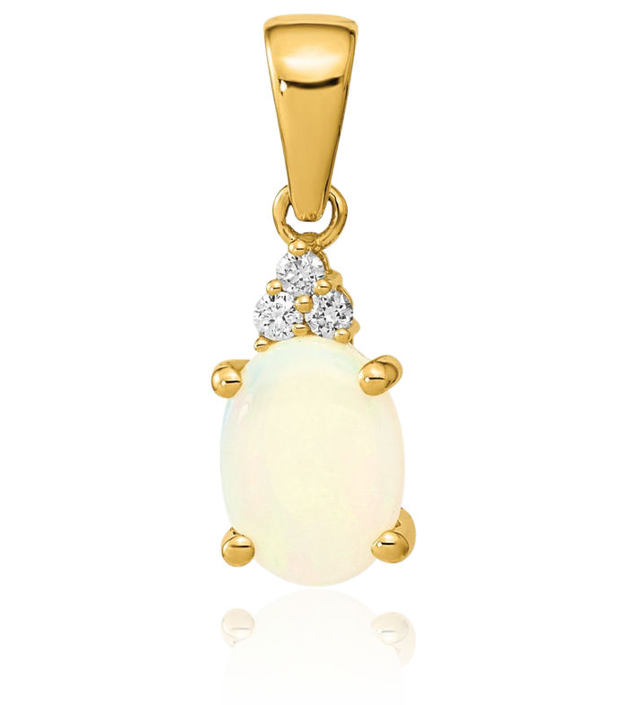 14K Solid Yellow Gold Austrian Opal Diamond Necklace Charm Gemstone Pendant