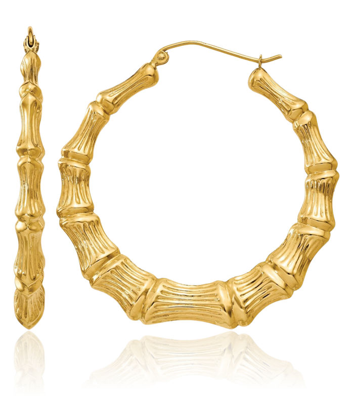 14K Solid Yellow Gold Bamboo Round Large Hoop Earrings