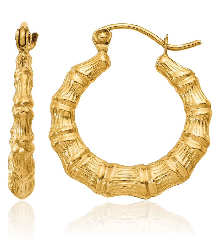 14K Solid Yellow Gold Bamboo Round Medium Hoop Earrings