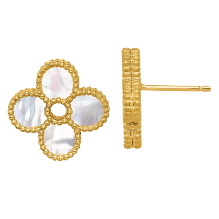 14K Solid Yellow Gold Beaded Mother of Pearl Flower Stud Earrings