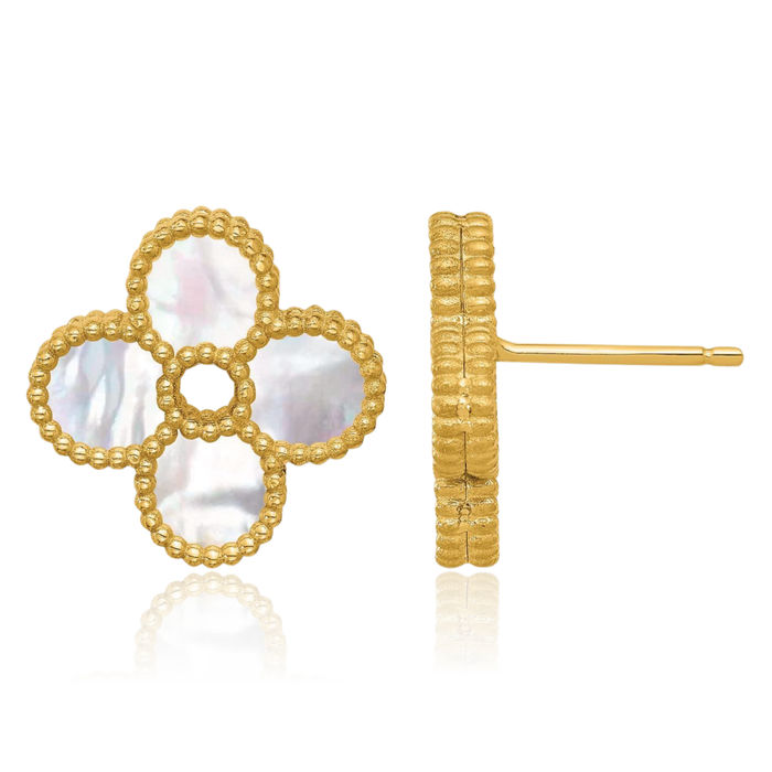 14K Solid Yellow Gold Beaded Mother of Pearl Flower Stud Earrings