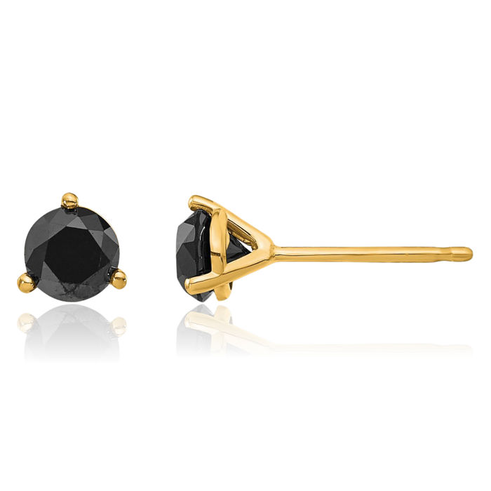 14K Solid Yellow Gold Black Diamond Stud Earrings