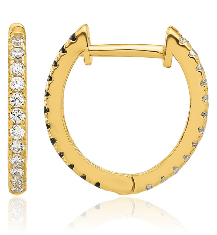 14K Solid Yellow Gold Black White Cubic Zirconia CZ Reversible Huggie Round Small Hoop Earrings