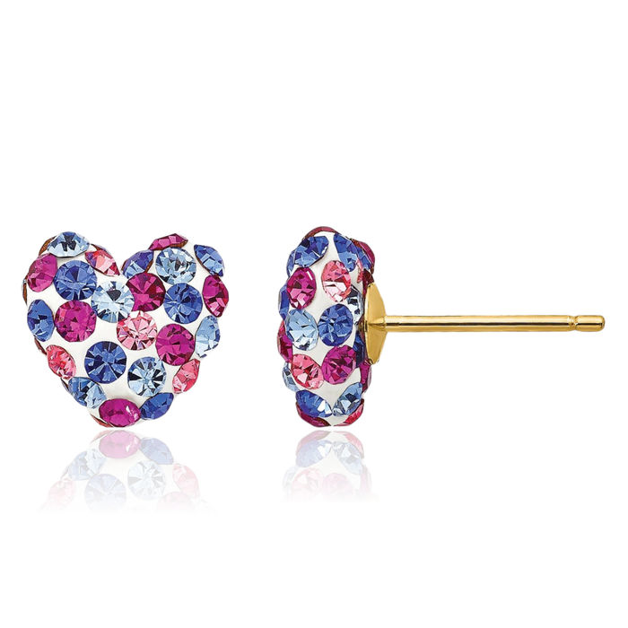 14K Solid Yellow Gold Blue Pink White Rhinestone Crystals 8mm Heart Stud Earrings