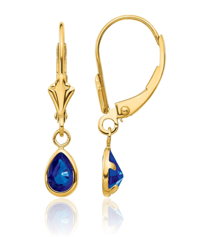 14K Solid Yellow Gold Blue Sapphire Drop Dangle Earrings Pear Teardrop Gemstone September Birthstone Jewelry