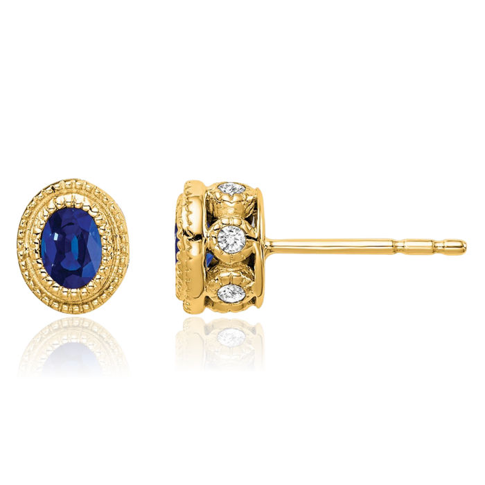 14K Solid Yellow Gold Blue Sapphire Diamond Stud Earrings September Birthstone Jewelry