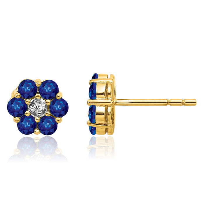 14K Solid Yellow Gold Blue Sapphire Diamond Stud Earrings Gemstone Post Push Back