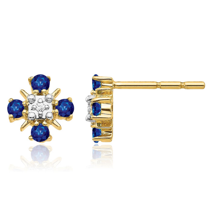 14K Solid Yellow Gold Blue Sapphire Diamond Studs Gemstone Earrings