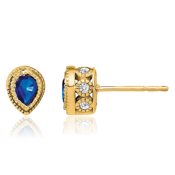 14K Solid Yellow Gold Blue Sapphire Diamond Studs Pear Teardrop Gemstone Earrings September Birthstone Jewelry