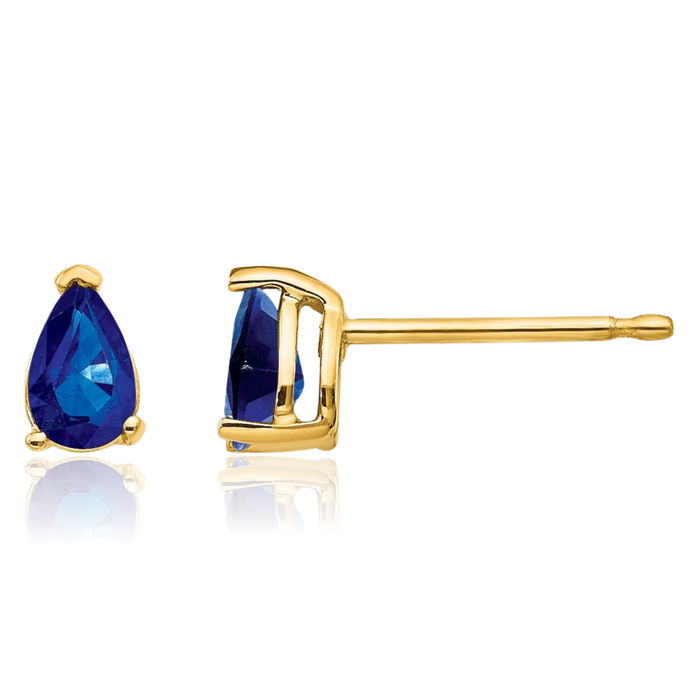 14K Solid Yellow Gold Blue Sapphire Studs Pear Teardrop Gemstone Solitaire Earrings September Birthstone Jewelry