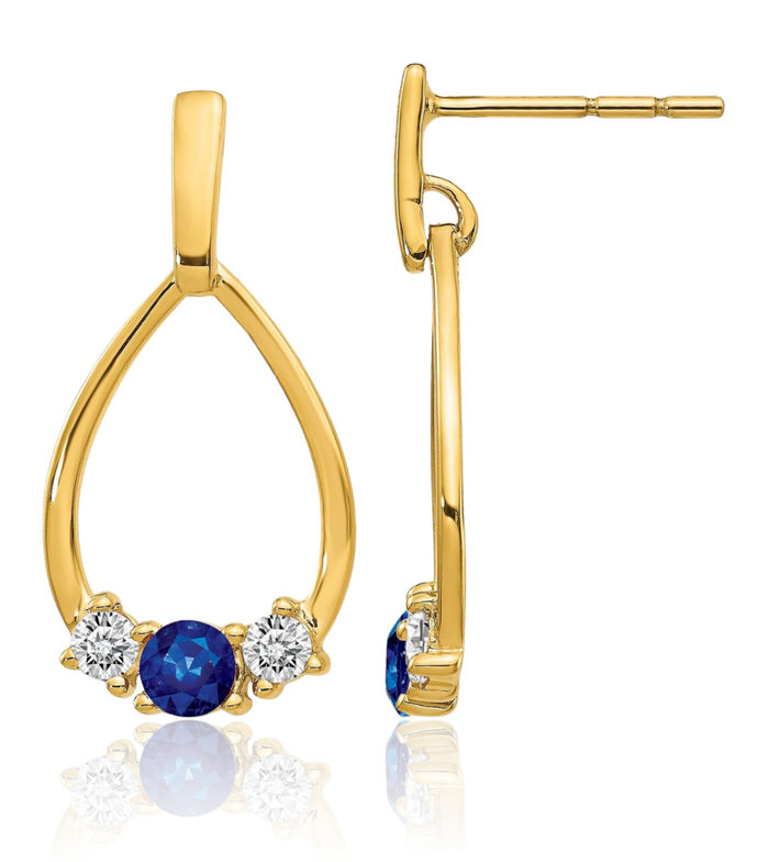 14K Solid Yellow Gold Blue White Sapphire Post Drop Dangle Earrings