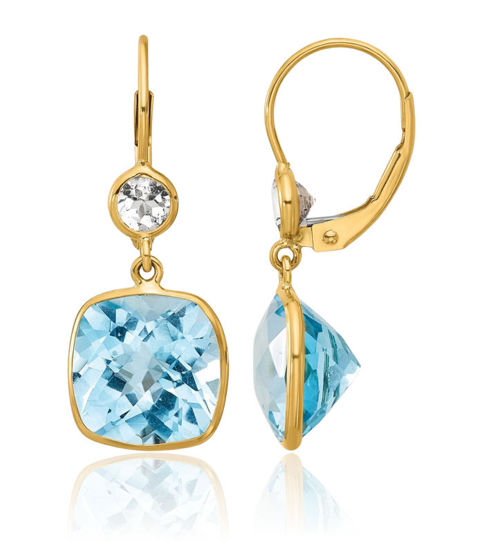 14K Solid Yellow Gold Blue White Topaz Drop Dangle Earrings Gemstone