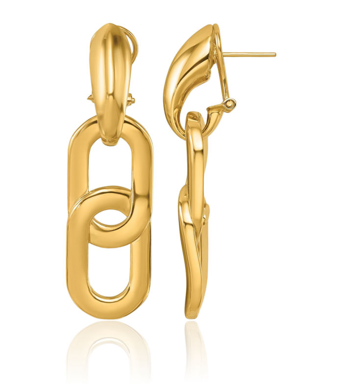 14K Solid Yellow Gold Cable Paperclip Chain Link Post Omega Clip Back Drop Dangle Earrings