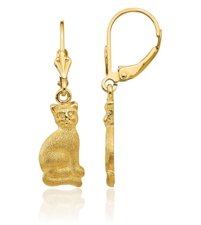 14K Solid Yellow Gold Cat Drop Dangle Earrings