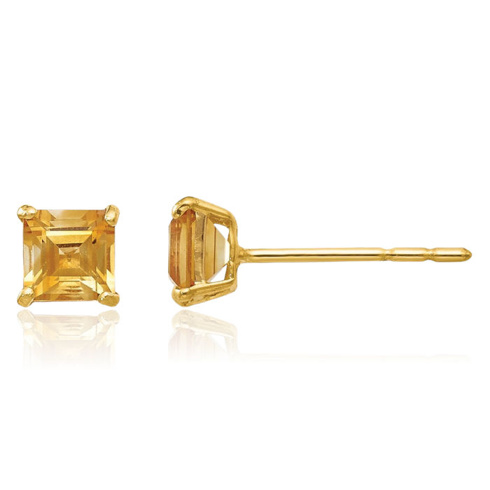 14K Solid Yellow Gold Orange Citrine 4mm Square Studs Gemstone Earrings November Birthstone Jewelry