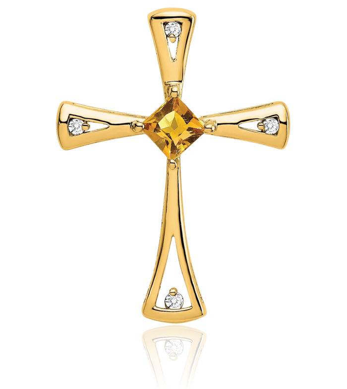 14K Solid Yellow Gold Orange Citrine Diamond Holy Cross Floating Chain Slide Pendant Necklace Religious Jesus Christ Charm