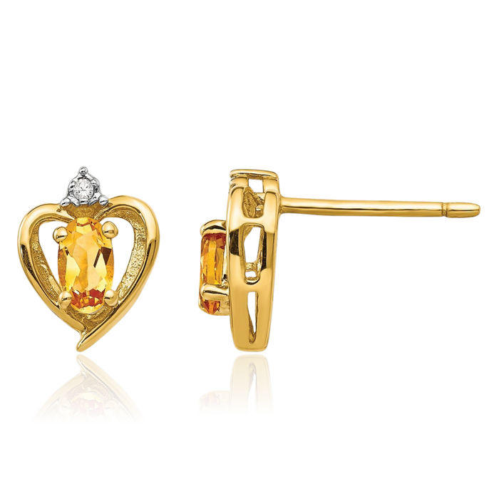 14K Solid Yellow Gold Orange Citrine Diamond Heart Stud Earrings November Birthstone Jewelry