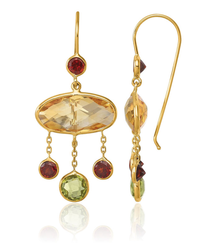 14K Solid Yellow Gold Orange Citrine Green Peridot Red Garnet Shephard Hook Drop Dangle Earrings