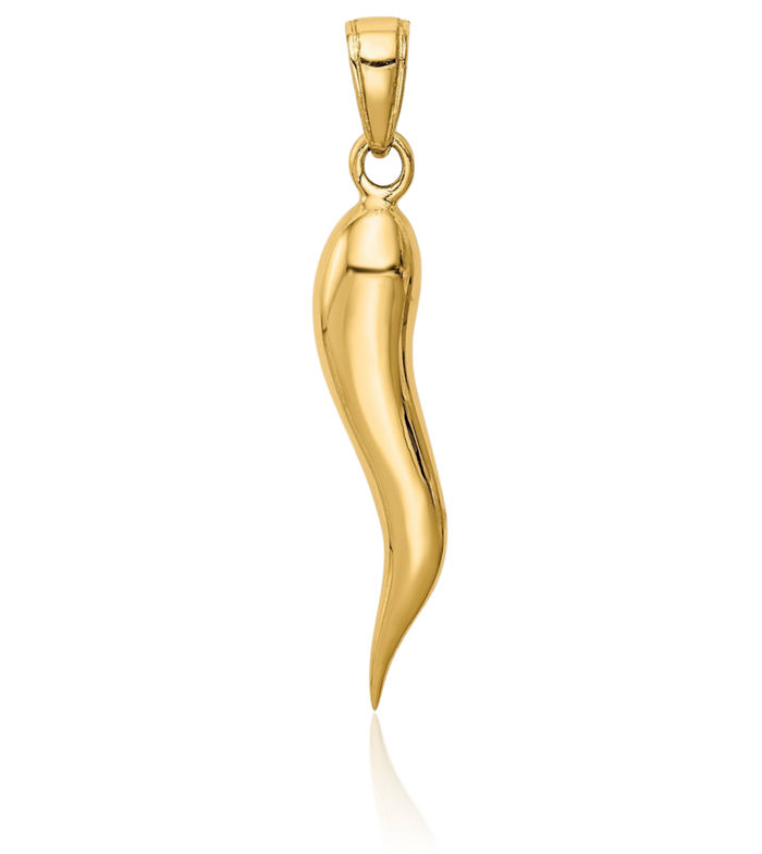 14K Solid Yellow Gold Cornicello Italian Horn Necklace Lucky Protection Amulet Pendant Chilli Pepper Charm