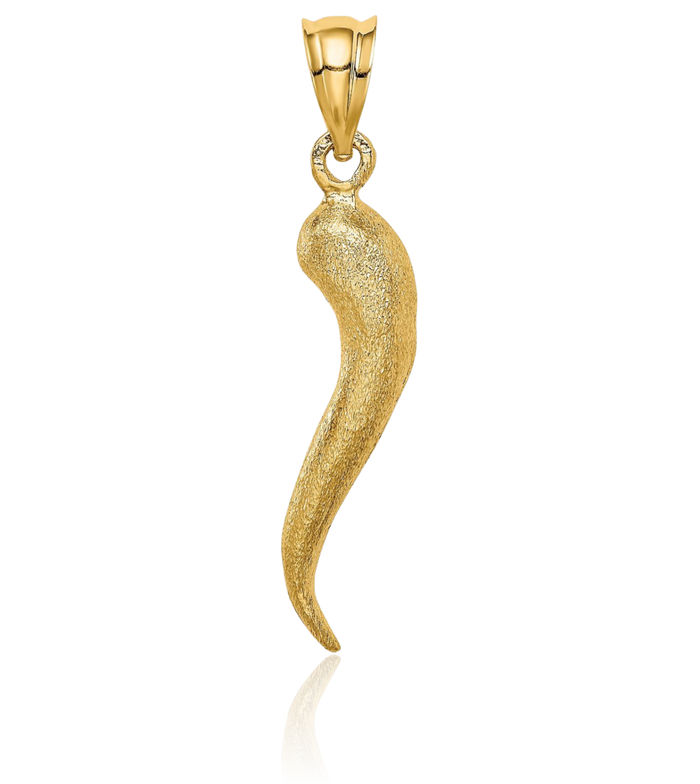 14K Solid Yellow Gold Cornicello Italian Horn Necklace Lucky Protection Amulet Pendant Chilli Pepper Charm