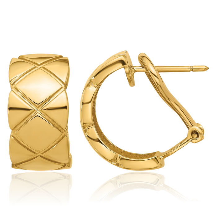 14K Solid Yellow Gold Crisscross Omega Clip Back Post C Hoop Earrings