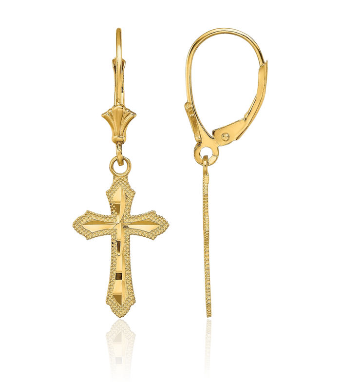 14K Solid Yellow Gold Holy Cross Beaded Edge Christian Religious Drop Dangle Earrings